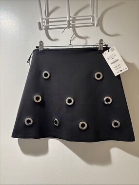 Zara Black Eyelet A-Line Skirt - Modern Metal Accent stretchy scuba